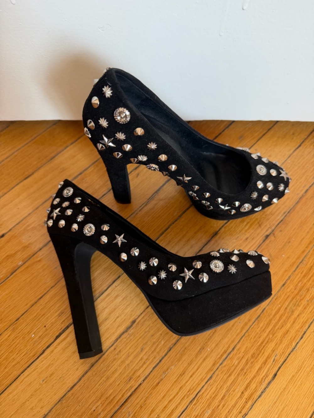Black Studded High Heel Pumps with Metallic Accents